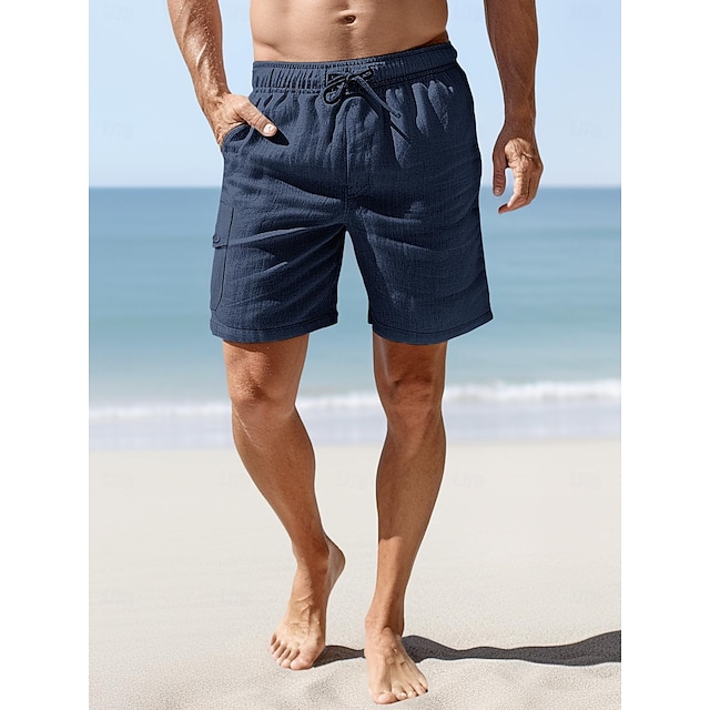  100% lino Per uomo Pantaloncini Pantaloncini di lino Pantaloncini estivi Tasche A cordoncino Vita elastica Liscio Traspirante Comodo Breve Giornaliero Da mare Per uscire Classico Informale Nero Blu