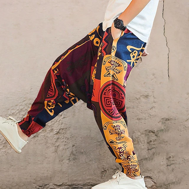 Men's Linen Pants Trousers Summer Pants Beach Pants Elastic Waist Drop Crotch Geometric Party Daily Hip-Hop Boho Loose Fit White Yellow 14