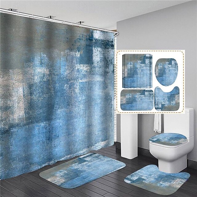  Conjunto de banheiro azul-branco de 4 unidades, incluindo uma cortina de chuveiro e 3 tapetes traseiros de borracha antiderrapantes, acessórios de banheiro & decoração