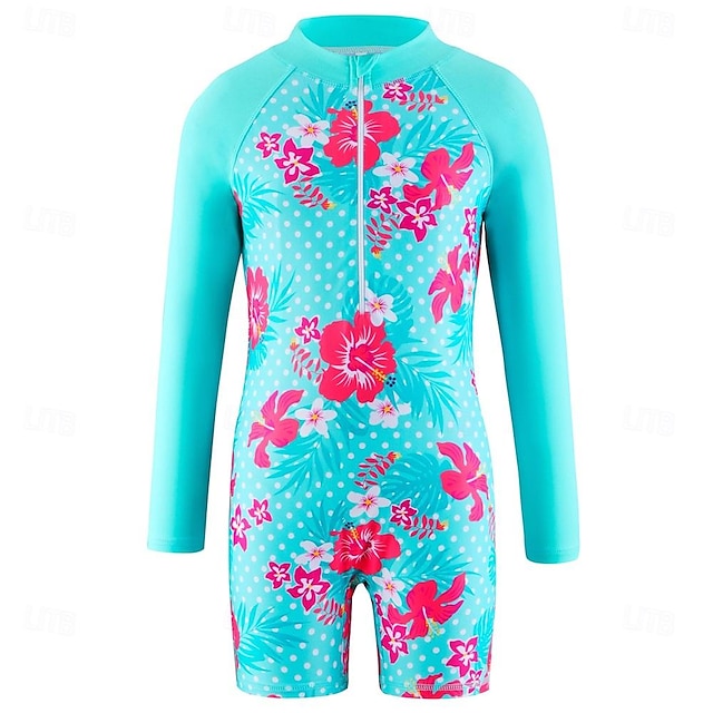  Girls Swimsuit UPF 50+ One Piece Cyan Swimwear Zipper Rashguard Bathing Suit