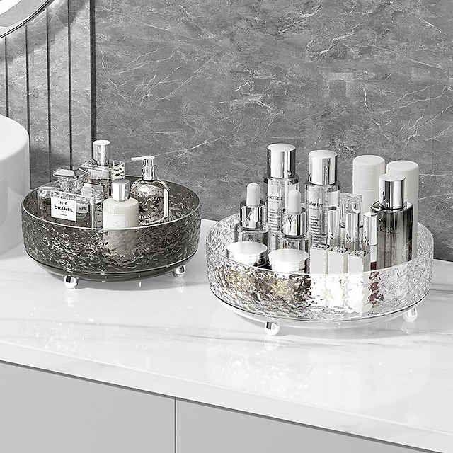  roterende kosmetikkoppbevaringsboks lett luksus bremønster gjennomsiktig sminkeorganiseringskarusell for hudpleieprodukter, parfymer og mer på skrivebordet
