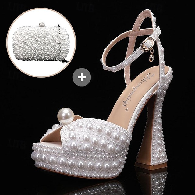  Pearl Sets-Wedding Shoes for Bride Bridesmaid Women Peep Toe White Satin PU with Imitation Pearl Stiletto High Heel Platform Ankle Strap Pumps & Pearl Clutch Evening Bag