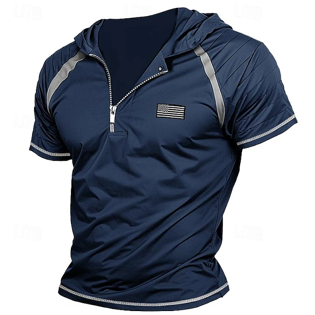 Men's T Shirt Quarter Zip Tee Tee Top Short Sleeves Hooded Summer Slim Pleated National Flag Fashion Designer Basic Patchwork Vacation Street Going out Black Navy Blue Dark Gray Top Tee for Men 8