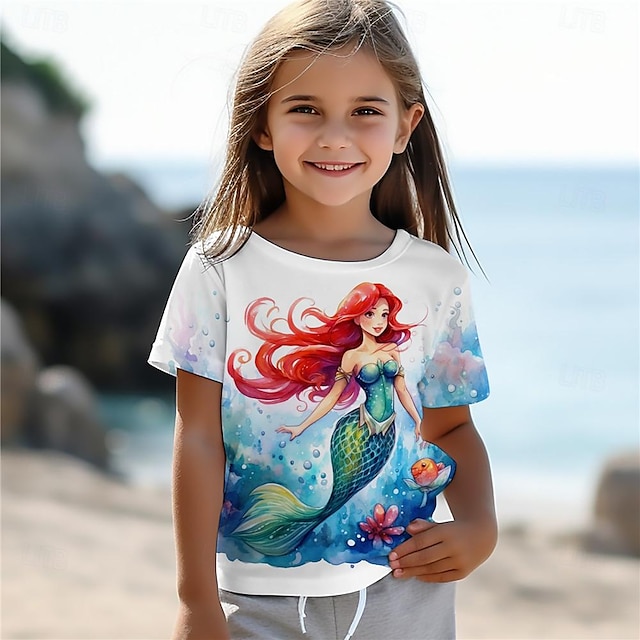  Pige 3D Havfrue T-shirt Skjorter Kortærmet 3D-udskrivning Sommer Aktiv Mode Sød Stil Polyester Børn 3-12 år Rund hals udendørs Afslappet Daglig Regulær