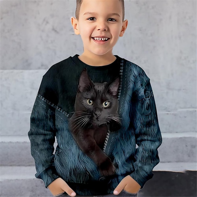  Drenge 3D Kat Sweatshirt Pullover Langærmet 3D-udskrivning Forår Efterår Mode Gade Sej Polyester Børn 3-12 år Rund hals udendørs Afslappet Daglig Regulær
