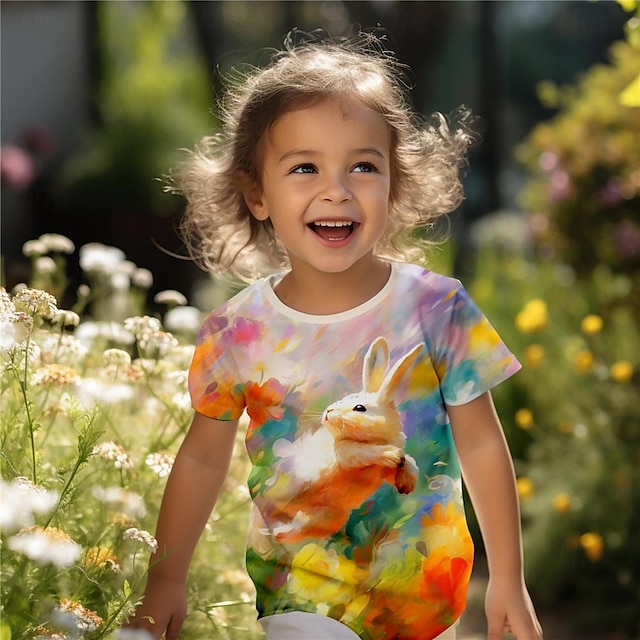  Девочки 3D Цветочный принт Кролик Футболка Рубашки С короткими рукавами 3D печать Лето Активный Мода Симпатичные Стиль Полиэстер Дети 3-12 лет Вырез под горло на открытом воздухе Повседневные