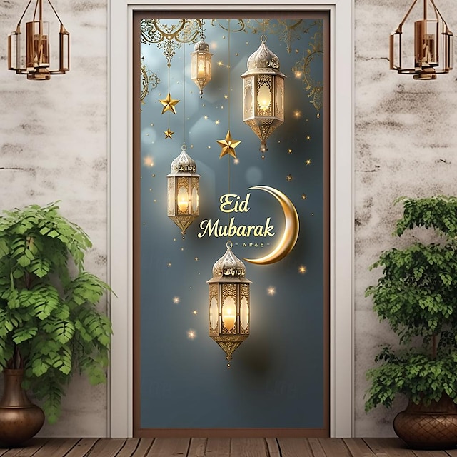  Eid mubarak ramadán kareem cubiertas de puerta decoración mural puerta tapiz cortina de puerta decoración telón de fondo pancarta de puerta extraíble para puerta de entrada interior al aire libre