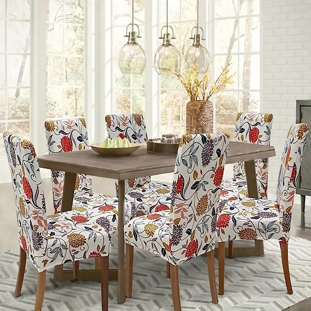  Housse de chaise de salle à manger en élasthanne extensible, ensemble de 1/4/6 pièces, housse de protection de chaise extensible à motif floral avec bande élastique pour salle à manger, mariage,