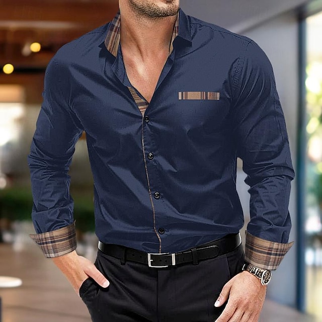  男性用 シャツ サテンシャツ ボタンアップシャツ カジュアルシャツ ブラック ホワイト ピンク ネイビーブルー 長袖 チェック カラーブロック ラペル 日常 バケーション パッチワーク 衣類 ファッション カジュアル スマートカジュアル