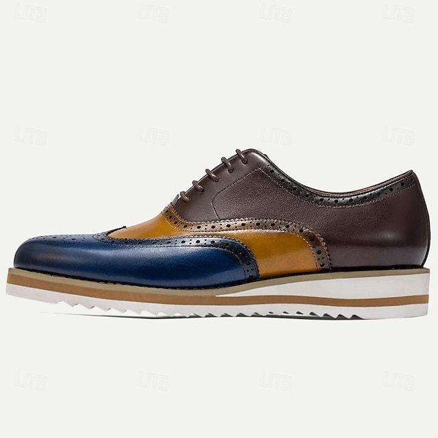  Men's Dress Sneakers Leather Italian Full-Grain Cowhide Slip Resistant Lace-up Brown / Blue