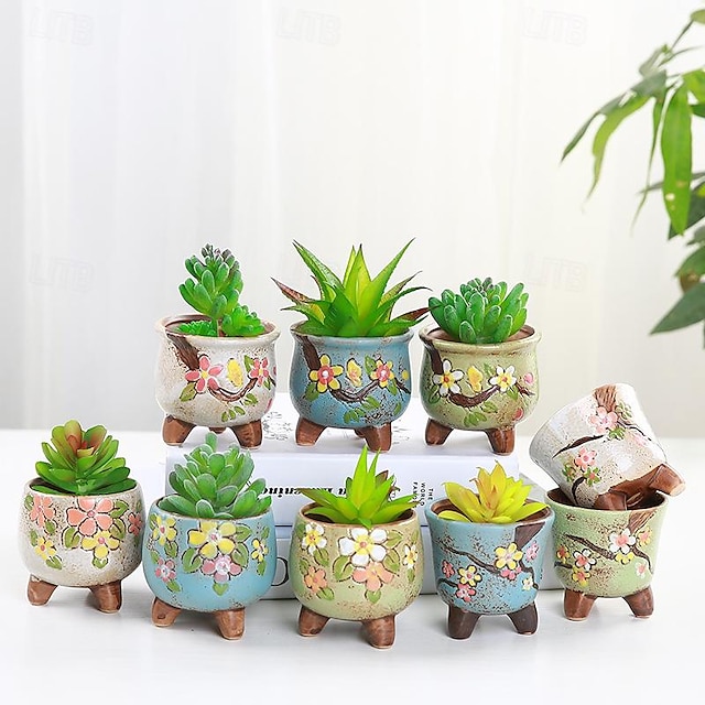  Flower Pattern Vintage Style Ceramic Flower Pot - Hand Painted Succulent Planter with Great Drain Hole - Face Planter, Head Planters for Indoor Plant