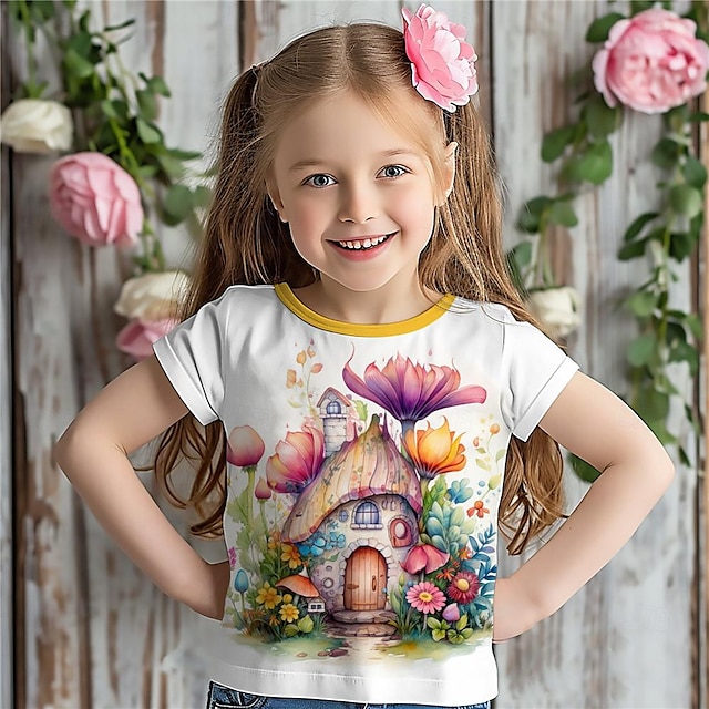  Dla dziewczynek 3D Kwiaty T-shirt Koszule Różowy Krótki rękaw Druk 3D Lato Aktywny Moda Śłodkie Poliester Dzieci 3-12 lat Półgolf Na zewnątrz Codzienny Regularny