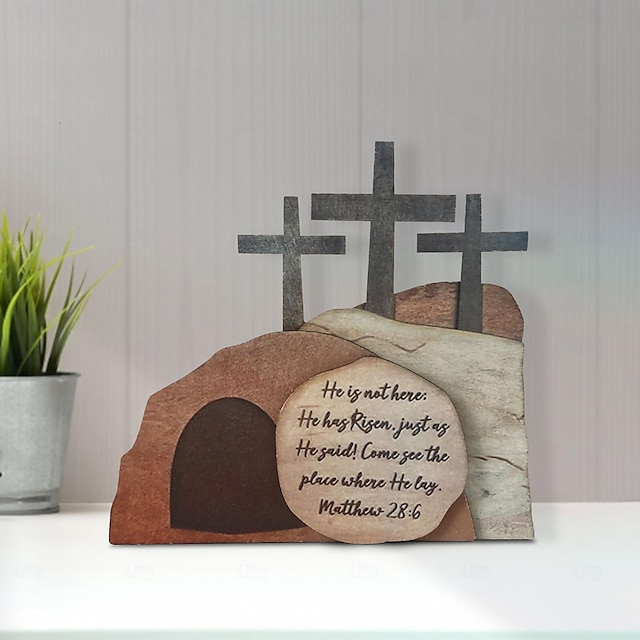  drewniana szopka drewniane dekoracje wielkanocne zmartwychwstanie grób wojna pusta scena krzyż na skale znak dla Jezusa wielkanocny dom świąteczna dekoracja stołu