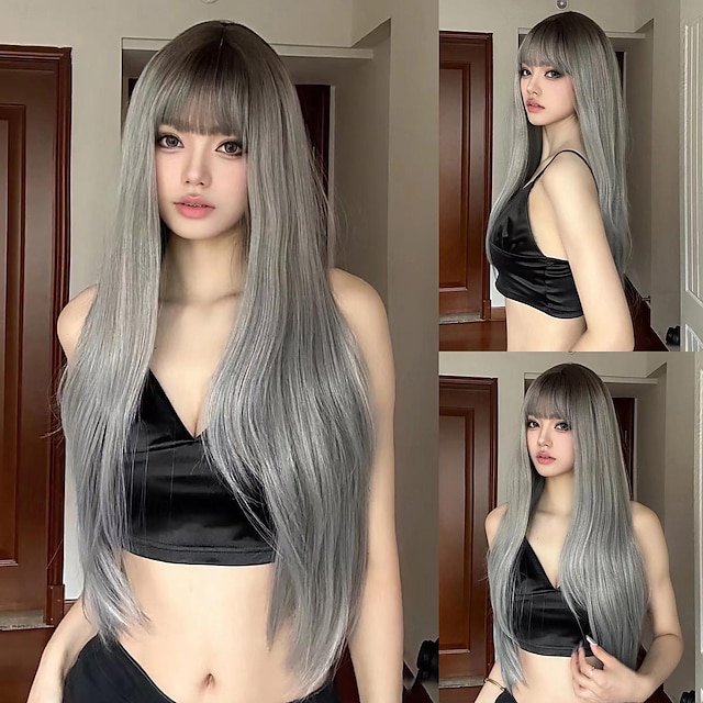  Synthetic Wig Uniforms Career Costumes Princess Straight kinky Straight Middle Part Layered Haircut Machine Made Wig 30 inch Silver grey Synthetic Hair Women's Cosplay Party Fashion Gray