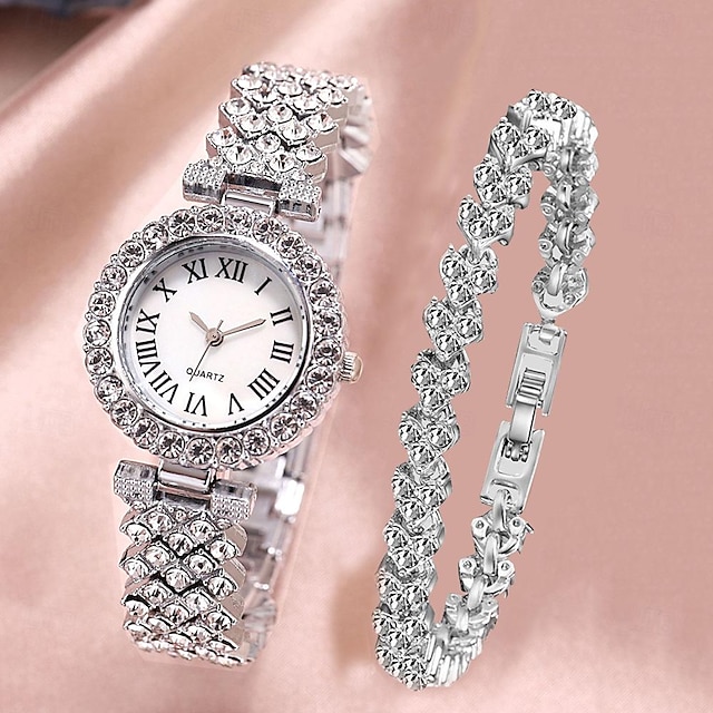  2 pièces/ensemble de montres pour femmes – strass brillants, mode ciel étoilé, cadran numérique, montre à quartz, bagues, collier, boucles d'oreilles, ensemble de bijoux, cadeaux de Saint-Valentin,