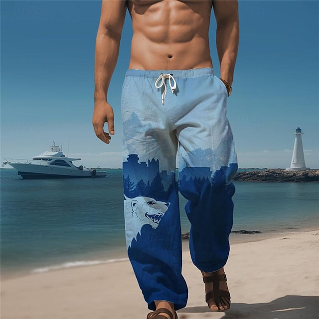  Lobo férias resort masculino 3d impresso calças casuais calças soltas ajuste perna reta cintura elástica cordão poliéster verão praia calças s a 3xl