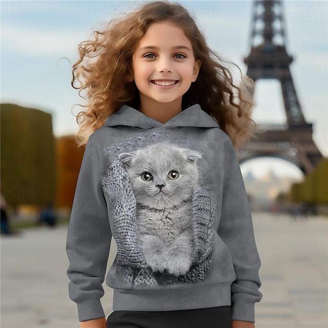  Dívčí 3D Kočka Kapuce Pullover Dlouhý rukáv 3D tisk Jaro Podzim Aktivní Módní Roztomilý Polyester Děti 3-12 let Kapuce Venkovní Ležérní Denní Běžný