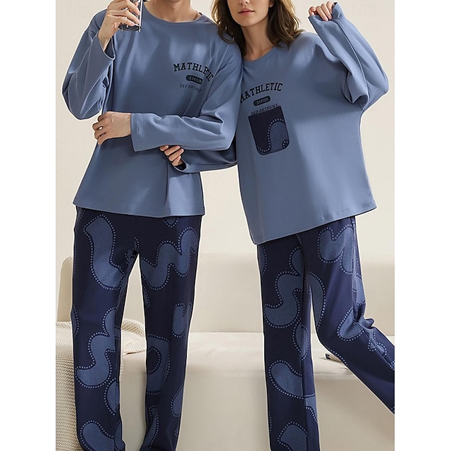  Couple's Pajamas Sleepwear Graphic Casual Weekend Print Blue Long Sleeve Daily Round Neck Spring &  Fall