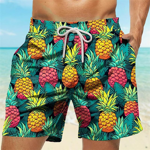  Ananas-Tropen-Herren-Resort-Shorts mit 3D-Druck, Badeshorts, Badehose, Taschen-Kordelzug mit Netzfutter, bequem, atmungsaktiv, kurz, Aloha-Hawaii-Stil, Urlaub, Strand, S bis 3XL