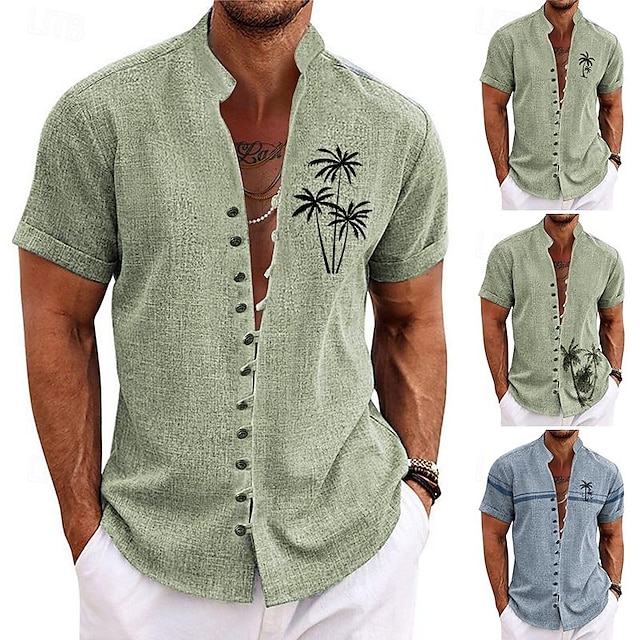  Men's Shirt Coconut Tree Graphic Prints Stand Collar Green 1# Green 2# Dusty Blue Green Outdoor Street Short Sleeve Print Clothing Apparel Fashion Streetwear Designer Casual