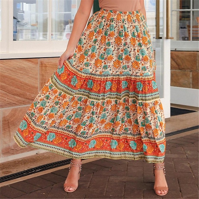  Mujer Falda Línea A Columpio Maxi Alta cintura Faldas Estampado Floral Festivos Vacaciones Verano Poliéster Bohemia Casual Boho Naranja