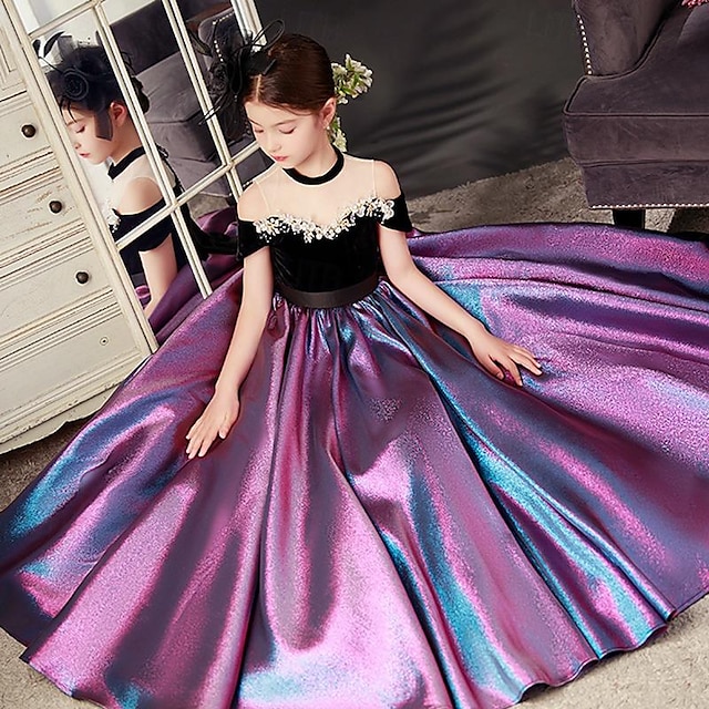  Infantil Para Meninas Vestido de festa Côr Sólida Manga Curta Espetáculo Casamento Com Transparência Princesa Doce Com Transparência Longuette Vestido da bainha Vestido De Tule Vestido de florista