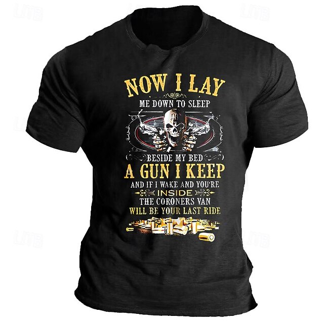Men's Graphic T-Shirt: 'Now I Lay Me Down To Sleep A Gun I Keep' Skull & Guns Design, Bold Statement Tee for Self-Defense Lifestyle, Short Sleeve4