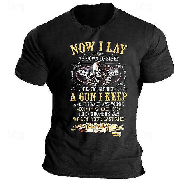 Men's Graphic T-Shirt: 'Now I Lay Me Down To Sleep A Gun I Keep' Skull & Guns Design, Bold Statement Tee for Self-Defense Lifestyle, Short Sleeve4