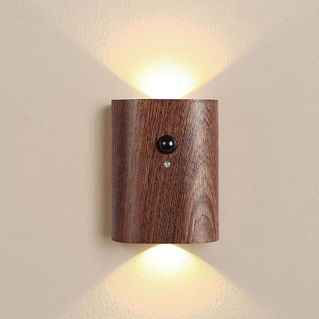  Lámpara de pared con detección de movimiento humano de nogal de madera, apliques de pared de madera para pasillo con sensor, lámpara decorativa para clóset, armario y escalón