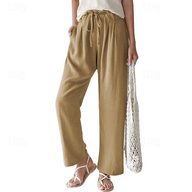 Women's Pants Trousers Linen Cotton Blend Side Pockets Plain Full Length Black Spring & Summer4