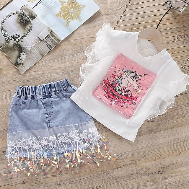  Dívčí 3D Pevná barva Sada sukní Krátký rukáv Léto Sladký Bavlna Polyester Batole 3-6 let Volný