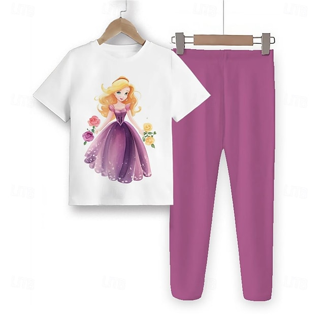  Девочки 3D Принцесса Пижамные комплекты футболок и брюк Розовый С короткими рукавами 3D печать Лето Весна Осень Активный Мода Симпатичные Стиль Полиэстер Дети 3-12 лет Вырез под горло
