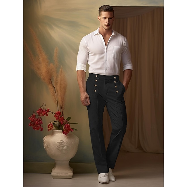  40% Linen Men's Linen Pants Trousers Summer Pants Button Pocket Straight Leg Plain Breathable Comfortable Office / Career Daily Vacation Classic Casual Black White