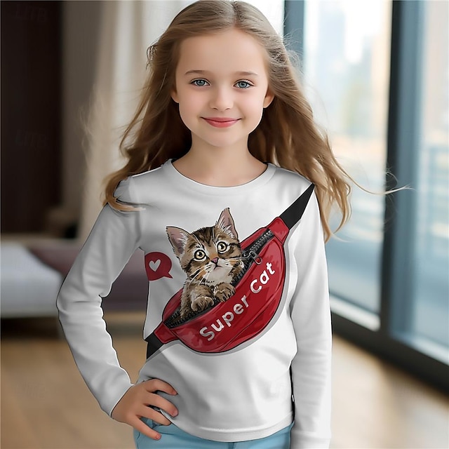  Girls' 3D Cat Tee Shirts Long Sleeve 3D Print Spring Fall Active Fashion Cute Polyester Kids 3-12 Years Crew Neck Outdoor Casual Daily Regular Fit
