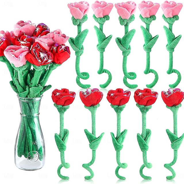  Cadeaux de fête des femmes 10 pièces fleur de rose en peluche fleur de rose en peluche tiges pliables bouquet en peluche jouet doux cadeaux de fête des mères pour maman