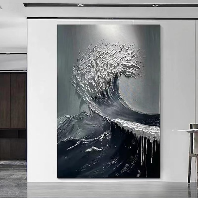  grande dipinto a mano strutturato onda bianca pittura acrilica incorniciata in bianco e nero oceano tela pittura paesaggio astratto arte da parete arte da parete oceano decorazioni per la casa cornice