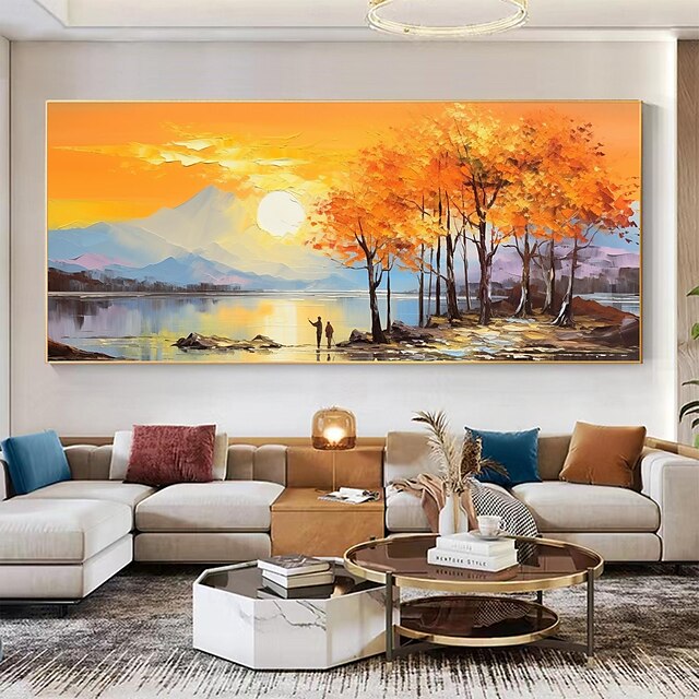  handgemaakte originele bergen en rivieren olieverfschilderij op canvas muur zonsondergang kunst schilderij voor woondecoratie met uitgerekt frame/zonder binnenframe schilderij