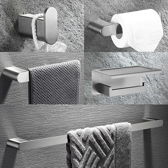  set di accessori per il bagno montato a parete in acciaio inossidabile spazzolato include gancio per accappatoio portasciugamani porta carta igienica con ripiano per cellulare porta asciugamani e