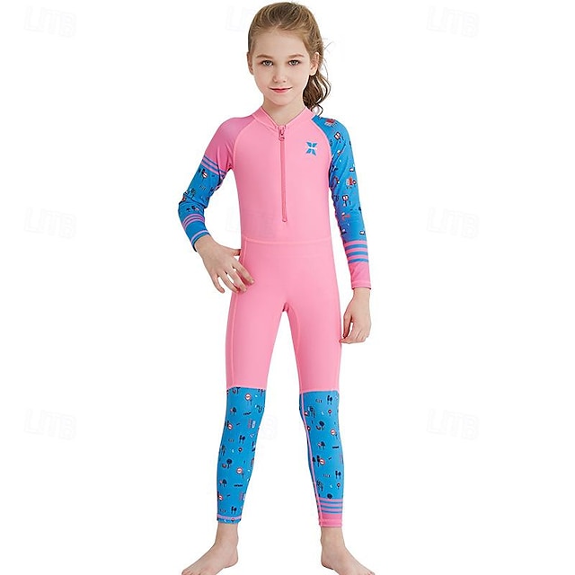  Maillot de bain une pièce à couleurs contrastées pour filles, combinaison de surf extensible à manches longues, maillot de bain pour enfants pour les vacances d'été à la plage