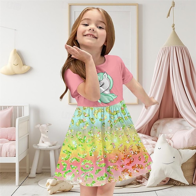  dívčí 3d šaty pro jednorožce krátký rukáv 3D potisk léto denní dovolená ležérní krásné děti 3-12 let neformální šaty bruslařské šaty nad kolena polyesterový střih regular fit