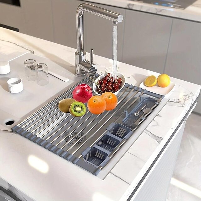  Roll Up Sink Dish Drying Rack, Heat Resistant Over Sink Dish Rack, Stainless Steel Foldable Drain Rack, For Kitchen Sink, Counter, For Utensils, Vegetables &  Fruits, Sponge, Rag, Kitchen Supplie
