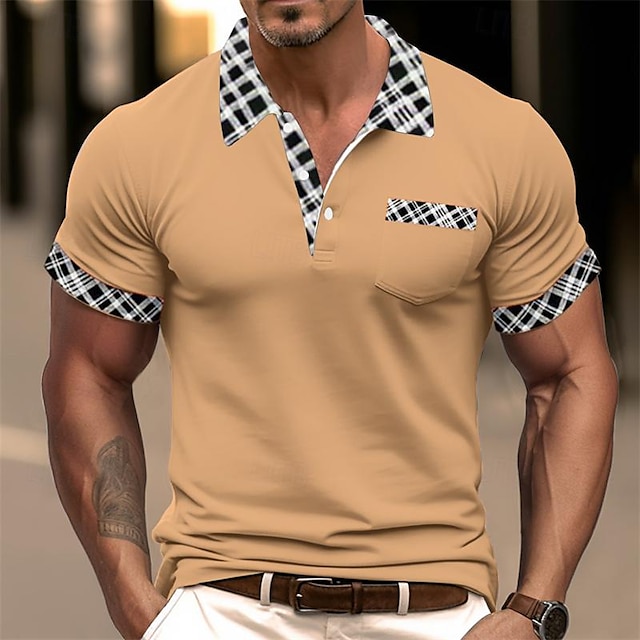  Per uomo Polo in misto cotone Maglia da golf Casuale Ferie Bavero Manica Corta Moda Essenziale Pied-de-poule Quadri Patchwork Tasca Estate Vestibilità regolare Grigio scuro Bianco Azzurro cielo