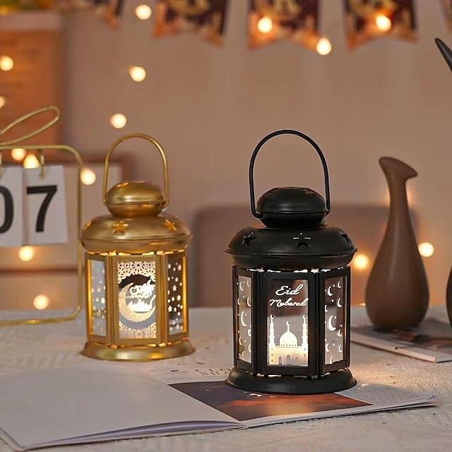  ramadán dekorace eid lucerna hrad noční světlo led atmosféra retro kůň lucerna venkovní kempování železo přenosná lampa zlatá černá