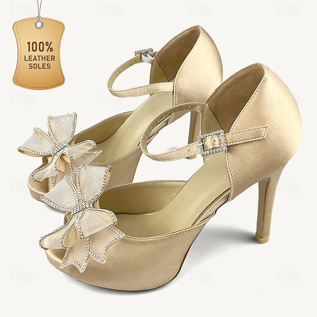  Per donna Tacchi scarpe da sposa Feste Fiocco A stiletto Punta aperta Elegante Raso Listino alla caviglia Bianco Champagne