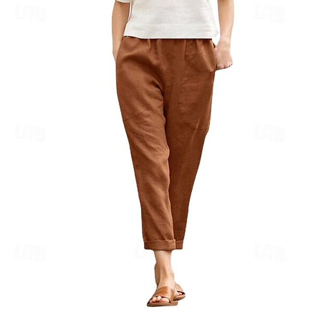  Women's Pants Trousers Linen Cotton Blend Side Pockets Ankle-Length Army Green Spring & Summer