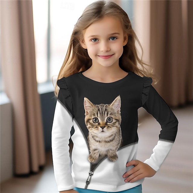  Dívčí 3D Kočka Ruffle Tričko Dlouhý rukáv 3D tisk Jaro Podzim Aktivní Módní Roztomilý Polyester Děti 3-12 let Tričkový Venkovní Ležérní Denní Běžný