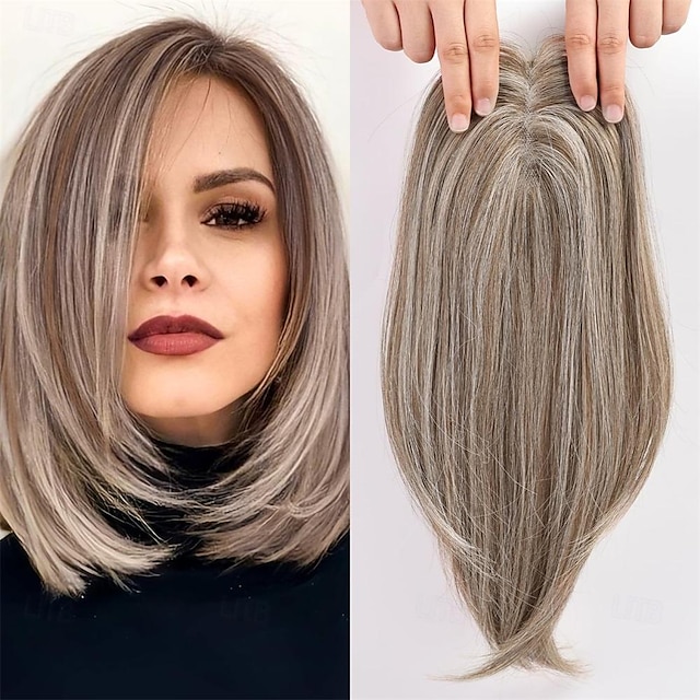  Light Brown & Ash Blonde Hair Toppers for Women Synthetic Hair Toppers Hair Pieces Swiss Base with 3 Clips in Wiglets Toppers for Women with Thinning Hair Grey Hair Hair Loss