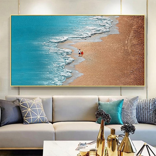  Pictură în ulei originală romantică de plajă de nisip, realizată manual, pe perete de pânză, pictură de artă oceanică albastră pentru decorarea casei cu cadru întins/fără pictură cu cadru interior