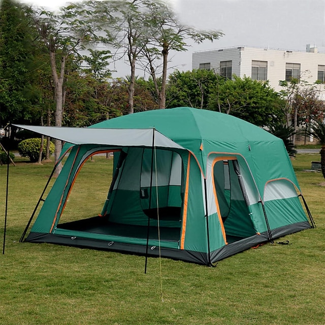  3-4 Person Camping Tent Family Tent Outdoor Windproof UPF50+ Rain Waterproof Double Layered Poled Two-Bedroom and One-Living Room Tent Thickened Rainproof Tent Polyester 330*210*185 cm