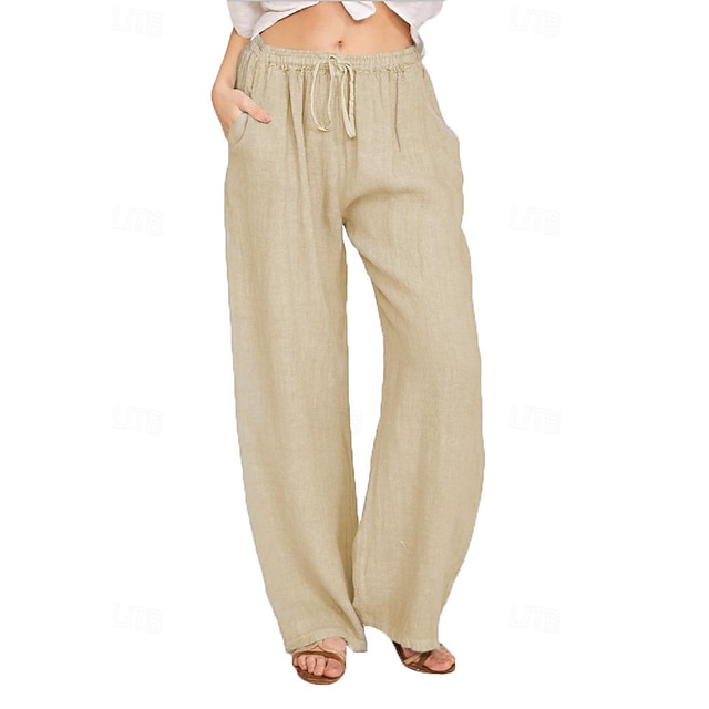  Women's Wide Leg Cotton Linen Pants Pants Trousers Casual Daily Full Length Plain Drawstring Side Pockets Wide Leg Breathability Comfortable Inelastic Going out Weekend Black White Navy Blue Khaki